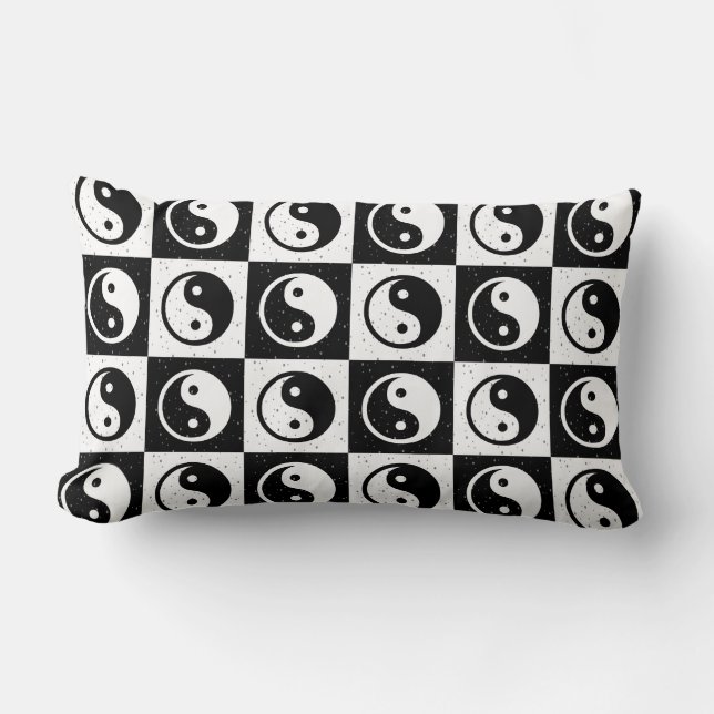 Black White Chequered Yin-yang Zen Block Print Lumbar Cushion (Front)