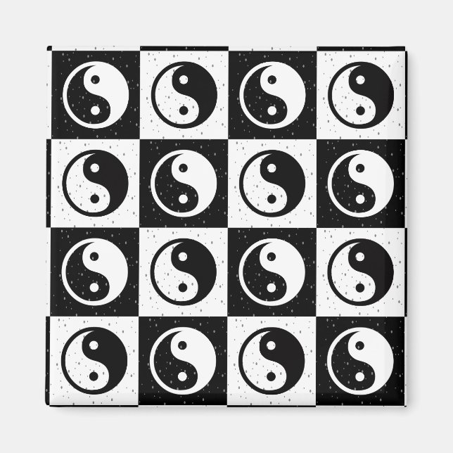 Black White Chequered Yin-yang Zen Block Print Magnet (Front)
