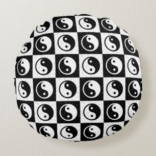 Black White Chequered Yin-yang Zen Block Print Round Cushion
