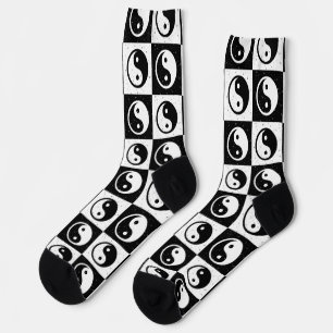 Black White Chequered Yin-yang Zen Block Print Socks