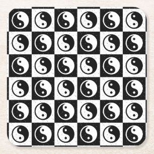 Black White Chequered Yin-yang Zen Block Print Square Paper Coaster