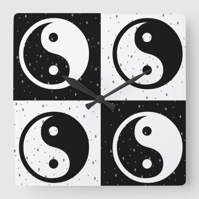 Black White Chequered Yin-yang Zen Block Print Square Wall Clock (Front)