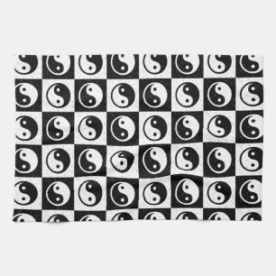 Black White Chequered Yin-yang Zen Block Print Tea Towel