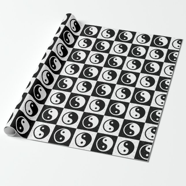 Black White Chequered Ying-yang Zen Block Print Wrapping Paper (Unrolled)