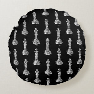 Black & White Chess Figures Linocut King Round Cushion