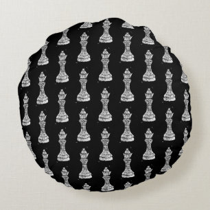 Black & White Chess Figures Linocut Queen Round Cushion