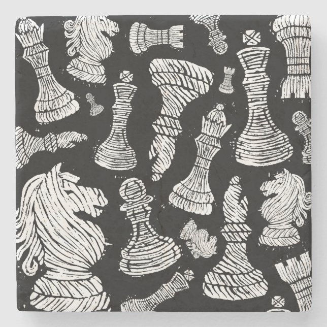 Black & White Chess Figures Linocut Stone Coaster (Front)