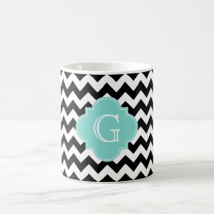 Black White Chevron Aqua Quatrefoil Monogram Coffee Mug
