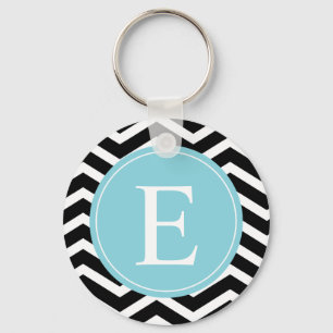 Black White Chevron Blue Monogram Key Ring
