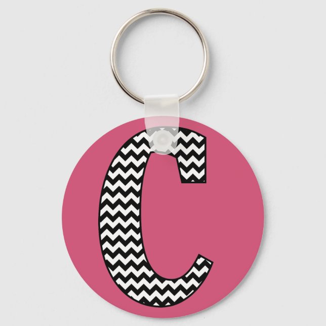 Black & White Chevron "C" Monogram Button Keychain (Front)