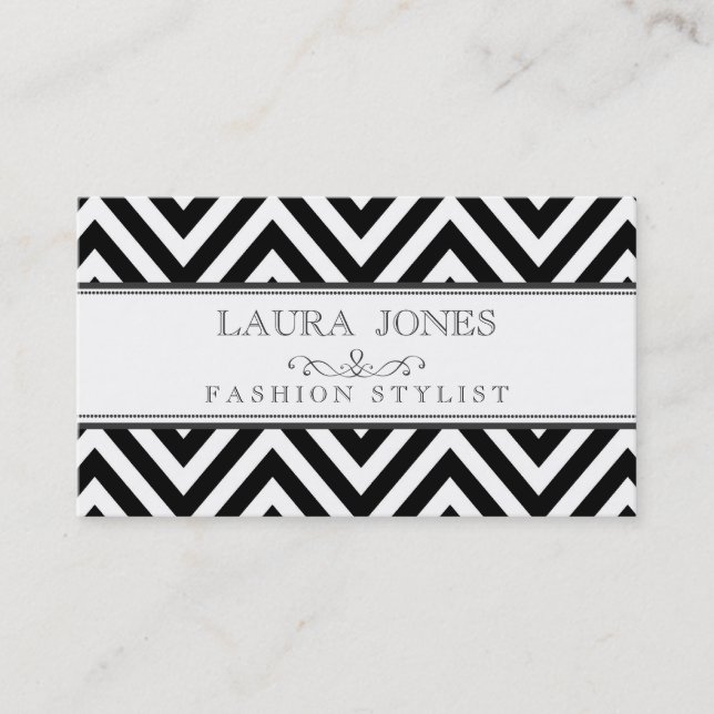 Black + White Chevron Fashion Stylist Template Business Card (Front)