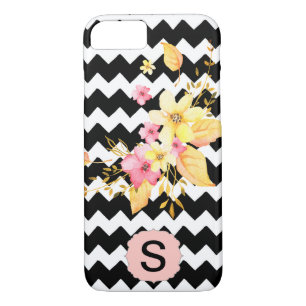 Black & White Chevron Floral Monogram iPhone 8/7 Case