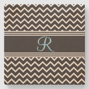 Black   White Chevron Gothic Zigzag Monogram Stone Coaster
