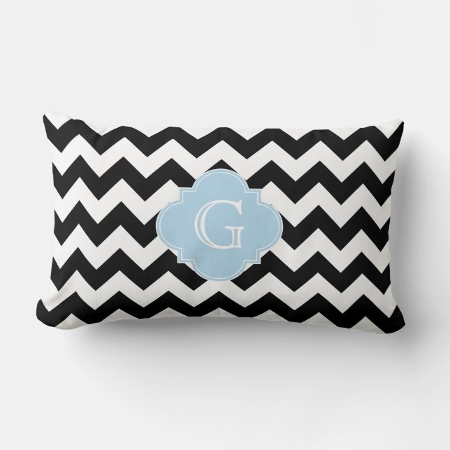 Black White Chevron Lt Blue Quatrefoil Monogram Lumbar Cushion (Front)