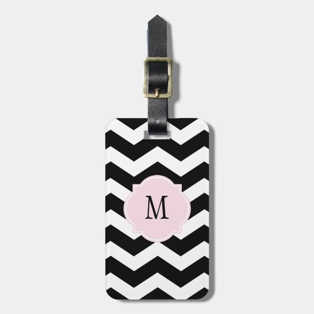 Black & White Chevron Monogram Luggage Tag (Front Vertical)