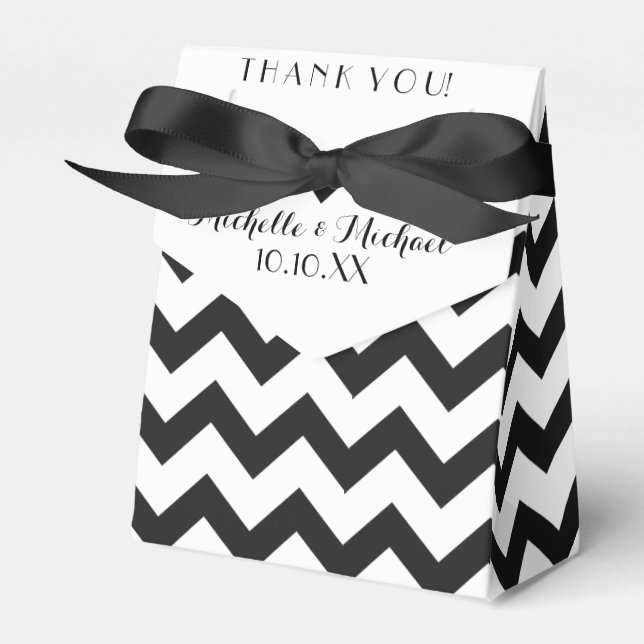 Black White Chevron Names Date Wedding Favour Box (Front Side)