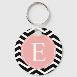 Black White Chevron Peach Monogram Key Ring