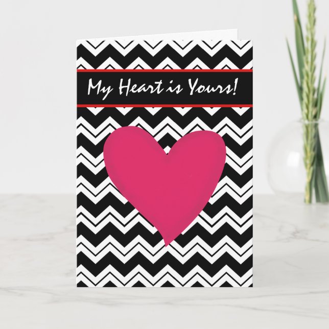 Black White Chevron Red Heart Valentine Holiday Card (Front)
