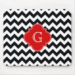 Black White Chevron Red Quatrefoil Monogram Mouse Mat