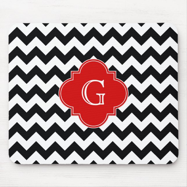 Black White Chevron Red Quatrefoil Monogram Mouse Mat (Front)