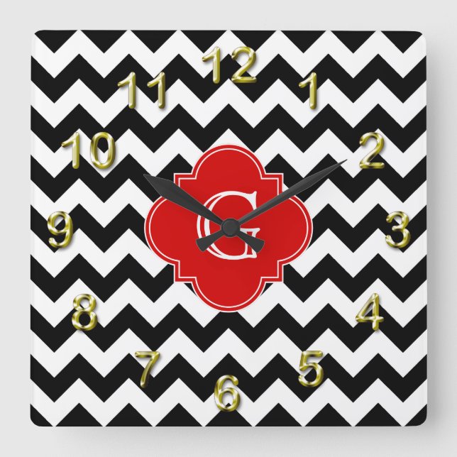 Black White Chevron Red Quatrefoil Monogram Square Wall Clock (Front)