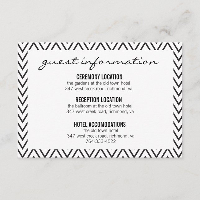 Black & White Chevron Wedding Information Card (Front)