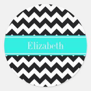 Black White Chevron Zig Zag Brt Aqua Name Monogram Classic Round Sticker