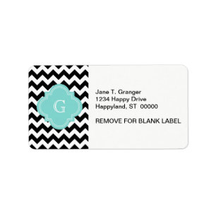 Black White Chevron Zig-Zag Turquoise Monogram Label