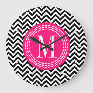 Black & White Chevron Zigzag Personalised Monogram Large Clock