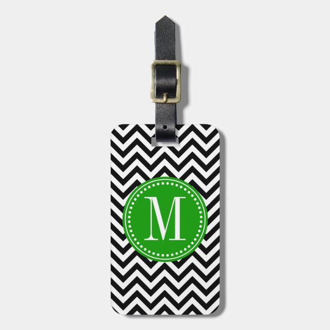 Black & White Chevron Zigzag Personalised Monogram Luggage Tag (Front Vertical)
