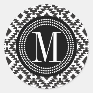 Black & White Chic Aztec Tribal Monogrammed Classic Round Sticker
