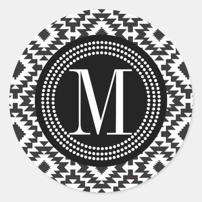 Black & White Chic Aztec Tribal Monogrammed Classic Round Sticker (Front)