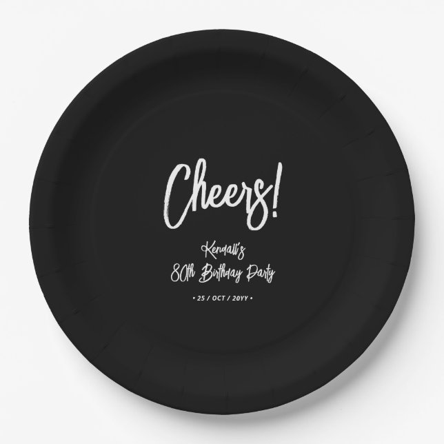 Black & White | Chic Cheers 80th Birthday Party Paper Plate (Front)