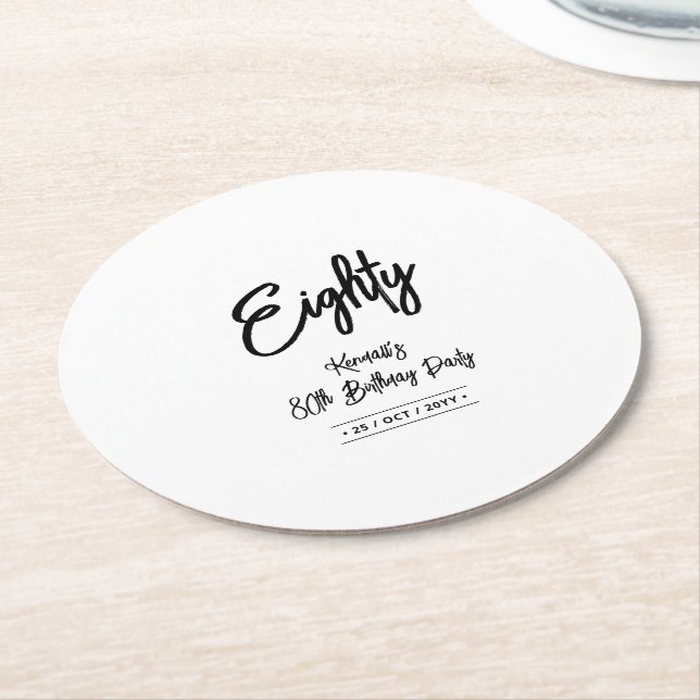 Black & White | Chic Eighty 80th Birthday Party Round Paper Coaster (Angled)