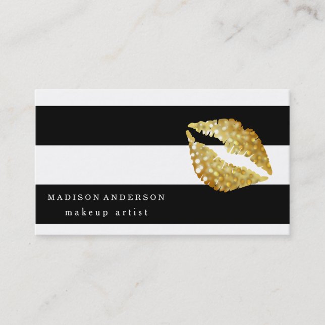 Black & White Chic Gold Lips - Makeup Artist Business Card (Front)