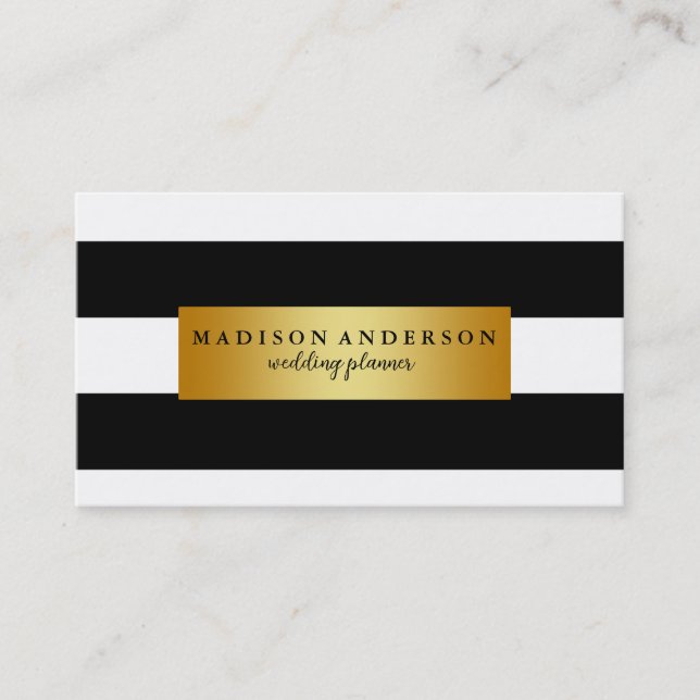 Black & White Chic Stripes in Gold Business Card (Front)