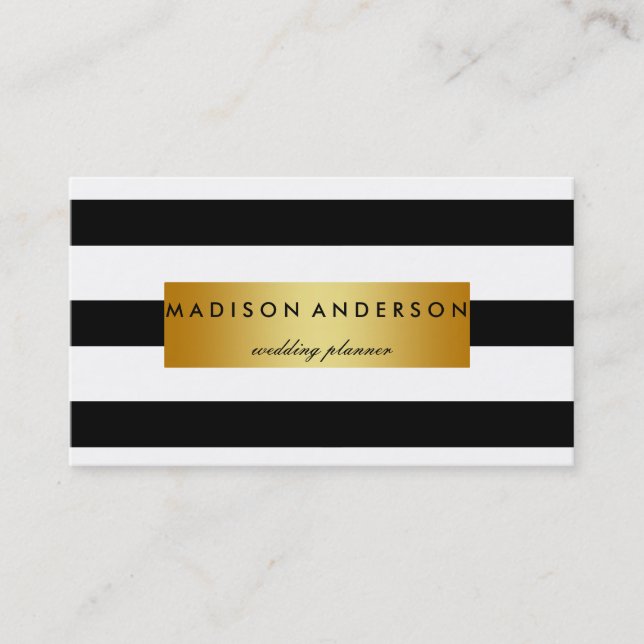 Black & White Chic Stripes in Gold Business Card (Front)