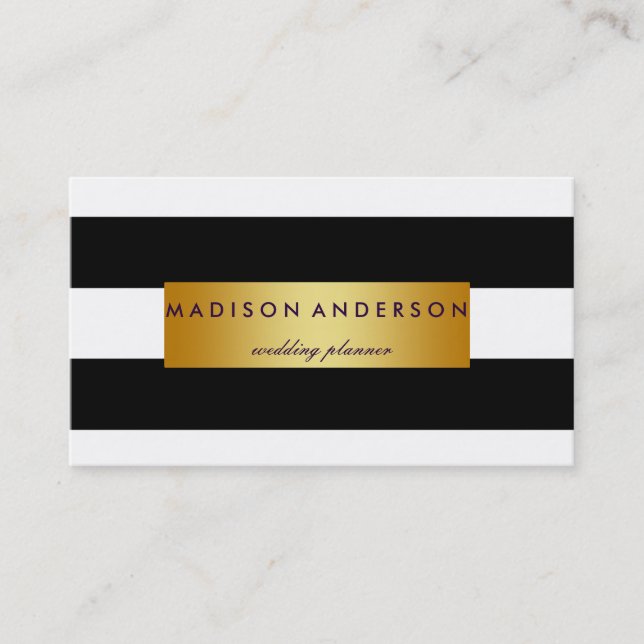 Black & White Chic Stripes in Gold Business Card (Front)