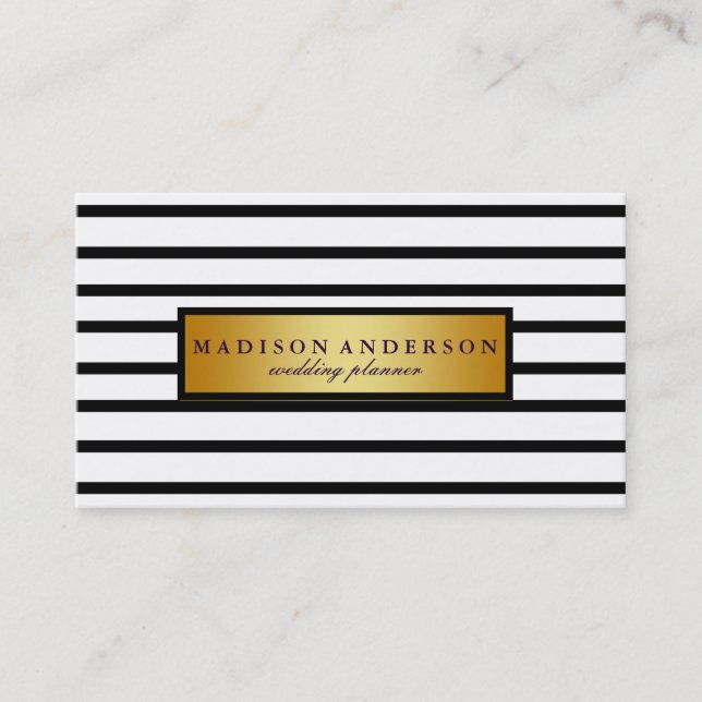 Black & White Chic Stripes in Gold Business Card (Front)