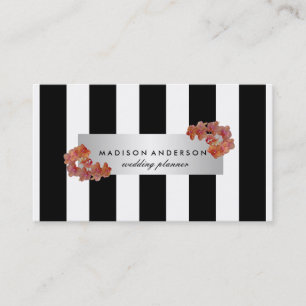 Black White Chic Stripes Silver Vintage Floral Business Card