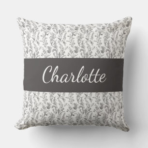Black White Chic Toile Floral Custom Name Cushion