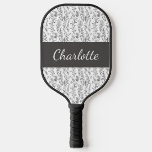 Black White Chic Toile Floral Custom Name Pickleball Paddle