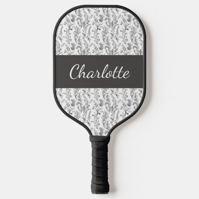 Black White Chic Toile Floral Custom Name Pickleball Paddle (Front)