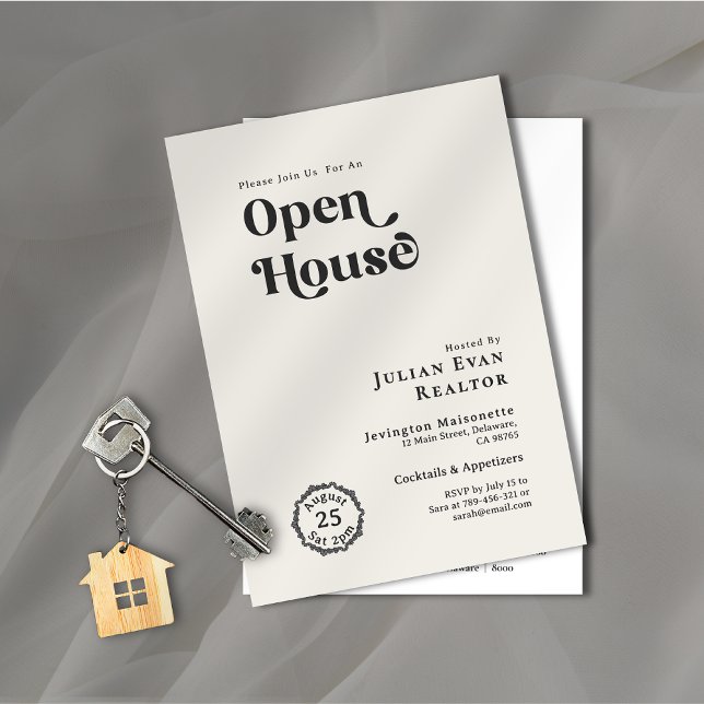Black & White Chic Typography Business Open House Invitation (Property Photo Background Typography Open House Invitation)