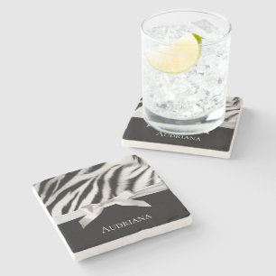 Black White Chic Zebra Print Bow Stone Coaster