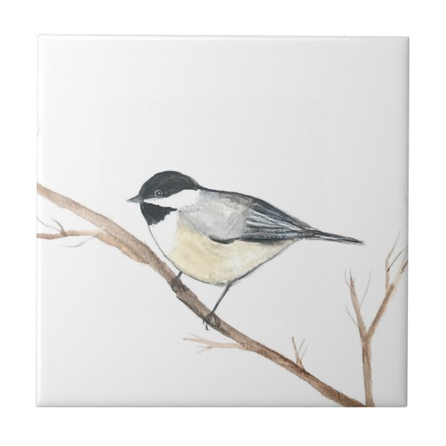 Black White Chickadee Bird Wildlife Watercolor  Tile (Front)