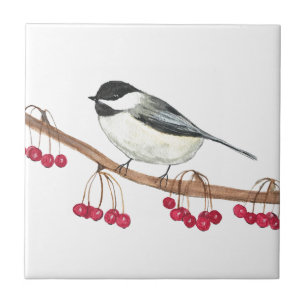 Black White Chickadee Bird Wildlife Watercolor  Tile