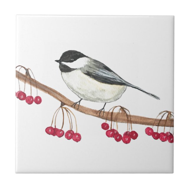 Black White Chickadee Bird Wildlife Watercolor  Tile (Front)