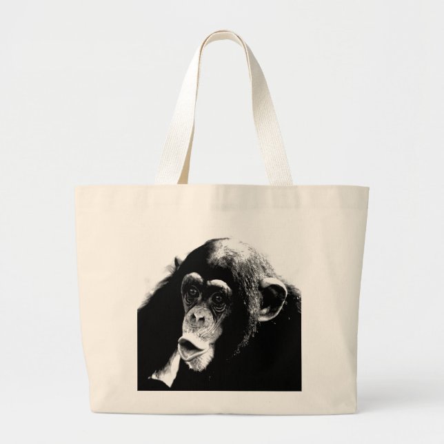 Black White Chimpanzee Large Tote Bag (Front)