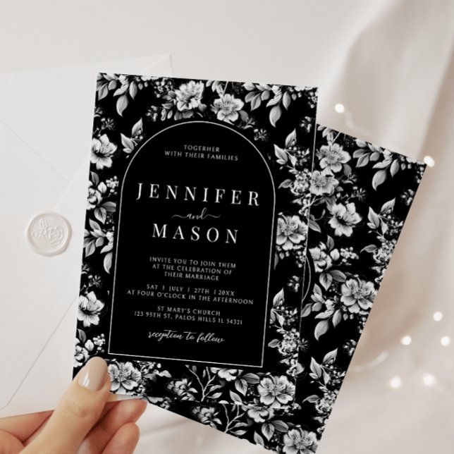 Black white Chinoiserie classic floral wedding Invitation (Creator Uploaded)